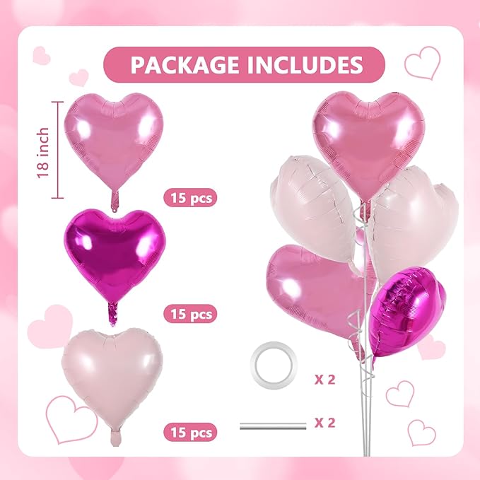 TONIFUL 30Pcs 18 Inch Rose Hot Pink Light Pink Balloons Heart Shape Foil Mylar Banners Decoration for Birthday Valentine's Day Wedding Bridal Shower Anniversary Engagement Party Supplies