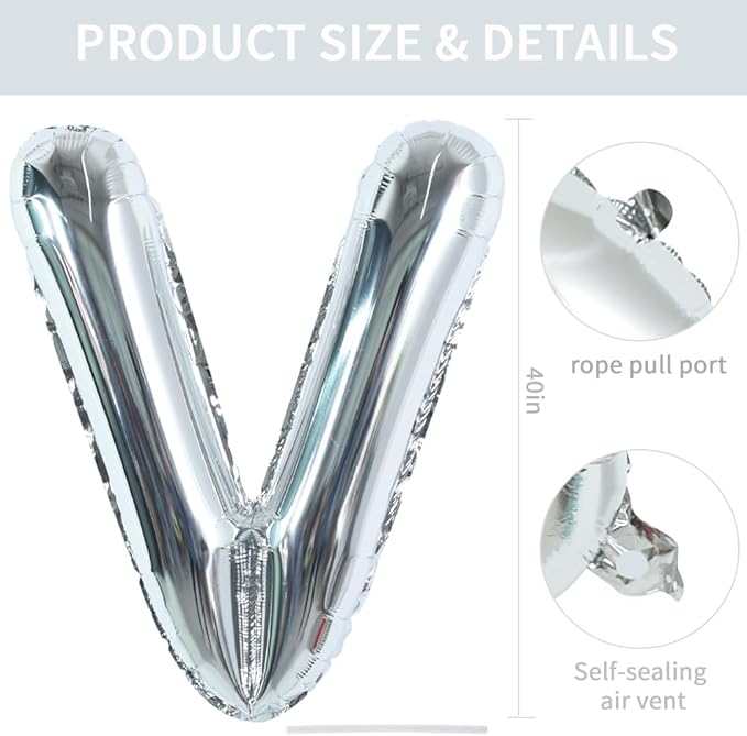 TONIFUL 40 Inch Large Silver Letter V Balloons, Foil Mylar Big Letter Balloons for 2026 New Year Eve Graduation Wedding Baby Shower Birthday Party Anniversary Supplies Decorations