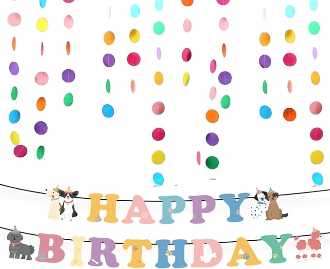Dog Birthday Banner Cute Puppy Themed Party Decorations for Kids and Pet Birthday Photo DIY Backdrop (Color Pink)
