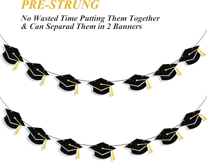 Graduation Decorations Class of 2026 Black Grad Banner Glitter Pre-strung Graduation Cap Banner for 2026 Congrats Grad Decor Party Supplies