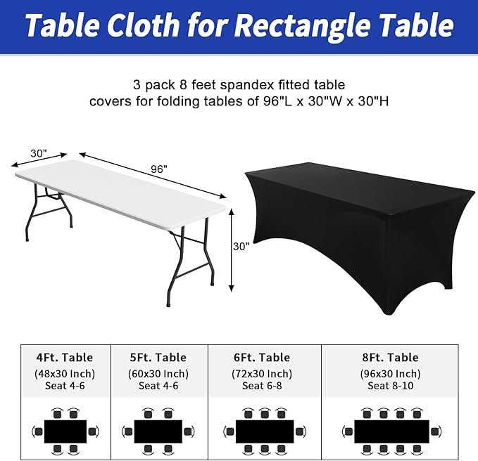 Fixwal 3 Pack Black Table Cloths Rectangle 8FT, Tablecloths Rectangular Stretch Spandex Fitted Table Covers 8 FT for Parties, Trade Shows, Banquet, Weddings, Buffet, Graduation Decorations