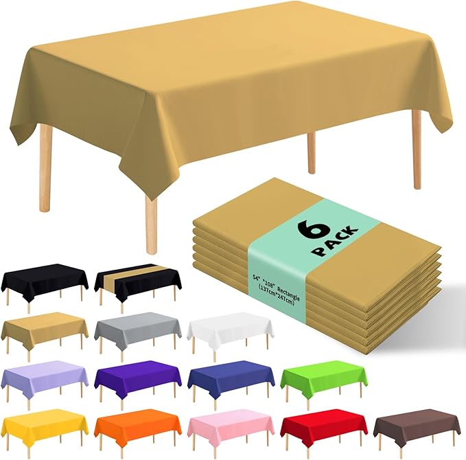 6 Pack Premium Disposable Plastic Tablecloth 54" x 108" Party Table Cloths Disposable for 6 to 8 Foot Tables Indoor or Outdoor Birthdays Weddings Christmas Anniversary Buffet Table (Gold)