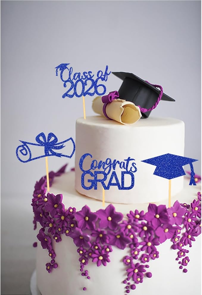 2026 Graduation Theme Cupcake Toppers Glitter Class of 2026 Graduation Cap Diploma Cupcake Picks - Set of 24 (Blue2)
