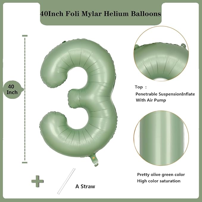 Green Number 3 Balloon 40 Inch Olive Green Foil Balloon Sage Green 3 Balloons Mylar Helium Balloon for Birthday Party Decorations Girls Boys Baby Shower Wedding Anniversary Decoration (Number 3)