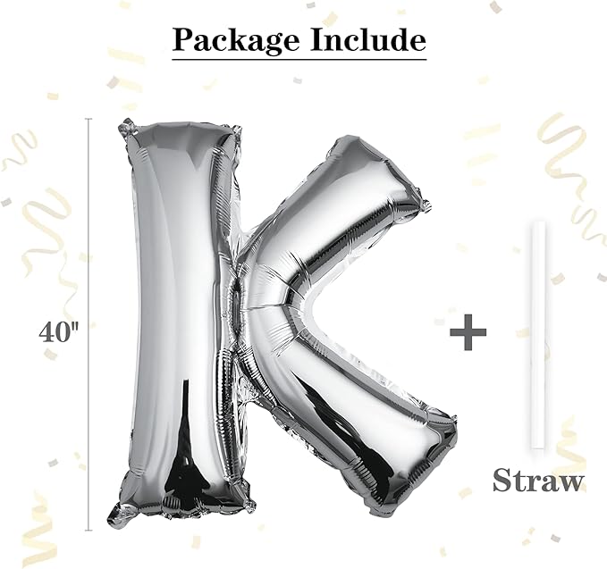 40 inch Silver Letter K Balloon, Big Size Alphabet Foil Mylar Helium Balloons for Birthday Party Celebration Wedding Anniversary Baby Shower Decorations Supplies Alphabet K