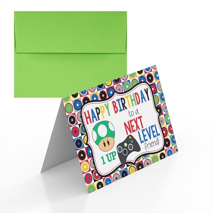 Next Level Friend Video Game Birthday Pun Themed Single (1) All Occasion Blank Birthday Card To Send To Friends & Family, 4"x 6" (when folded) Fill In Greeting Note Card by AmandaCreation