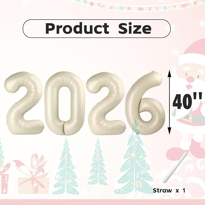 2026 Number Balloons, 40 Inch Cream White New Years Decorations, 2026 Balloon for Graduation Happy New Year and 2 6 20 26 Birthday Parties