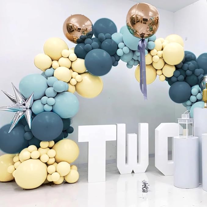 Dusty Blue Yellow Gold Balloon Garland Arch Kit, 160Pcs Boho Retro Blue Pastel Blue Macaroon Yellow Metallic Gold Balloons for Baby Shower Birthday Wedding Party Decoration