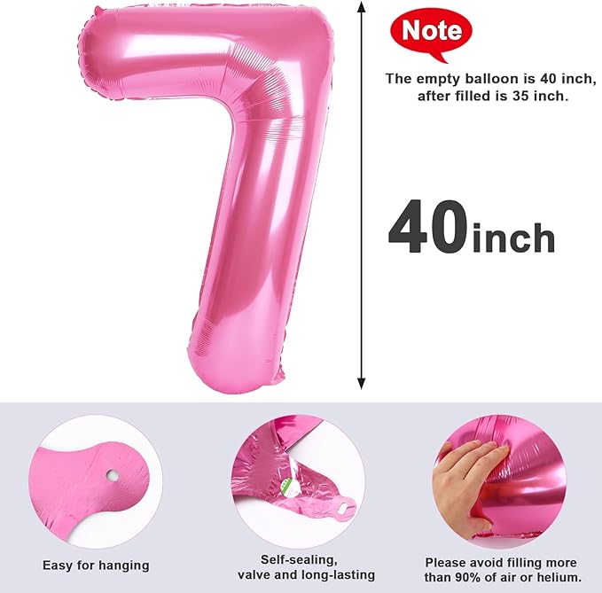 40 Inch Number 7 Balloon, Pink Seven Birthday Decor, 7 17 27 70 Year Old Balloon Number for Engagement, Wedding, Graduations