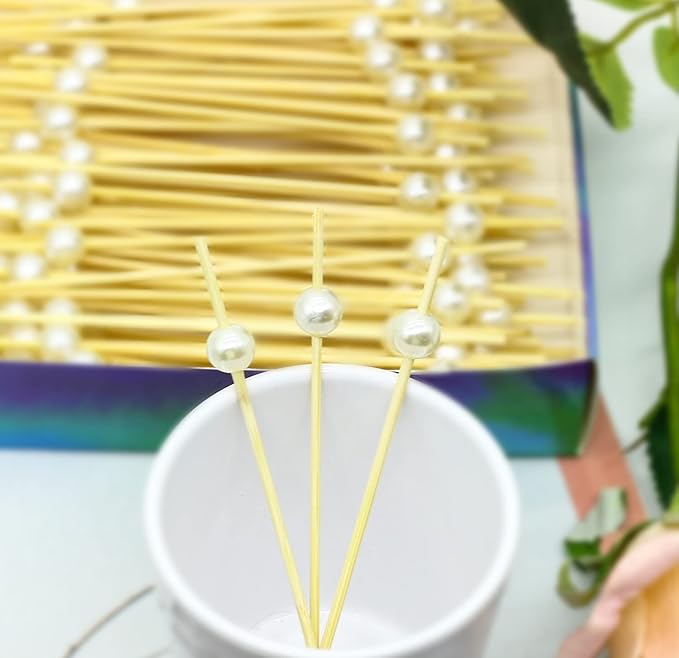 120pcs White Pearl Cocktail Picks Fancy Fruit Sticks Long Decorative Toothpicks Sandwich Food Skewers, 4.7", Disposable, Made of Bamboo, for Appetizer Charcuterie Garnishing Party Supplies