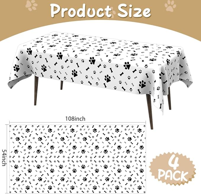 Paw Print Tablecloth, 4 Pack 54 x 108 Inches, Disposable Plastic Rectangle Dog Table Cloth Cover, Puppy Dog Themed Birthday Party Favors Decorations, Supplies, Pawty Table Decor
