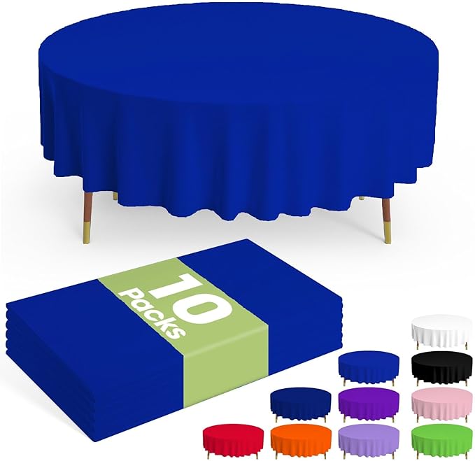 Pureegg Plastic Table Cloth Disposable 10 Pack, 84'' Round Table Cloths, Graduation, Patriotic Decorations, Thanksgiving, Veterans Day Tablecloths, Round, Plastic Cover, Leakproof & Sturdy, Royal Blue