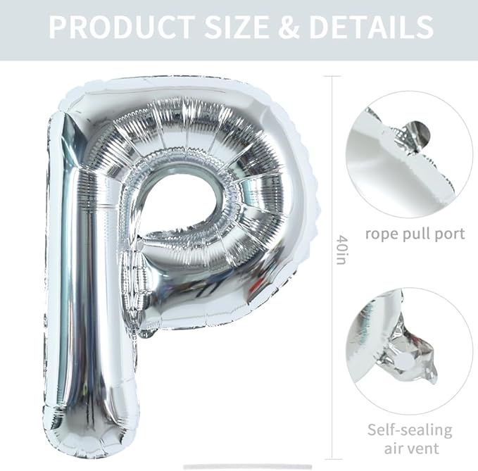 TONIFUL 40 Inch Large Silver Letter P Balloons Helium Balloons,Foil Mylar Big Letter Balloons for 2026 New Year Eve Graduation Wedding Baby Shower Birthday Party Anniversary Supplies Decorations
