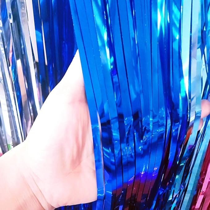 2 Pcs 3.2ft x 8.2ft Shiny Blue Metallic Tinsel Foil Fringe Curtains Photo Booth Backdrop for Birthday Wedding Holiday Celebration Bachelorette Party Décor