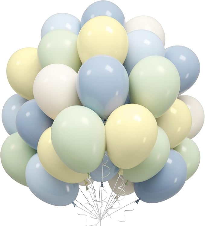 Blue and Green Balloons, Baby Shower Balloons 50Pcs 12 Inch Pastel Light Green White Baby Blue Yellow for Kid Boy First 1st Birthday Decorations Party Blue and White Baby Shower Supplies