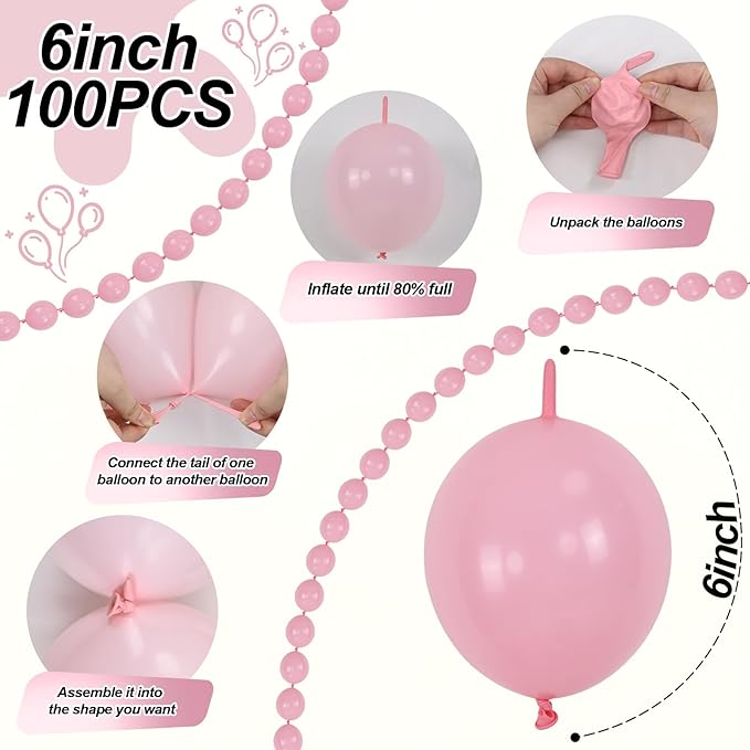 Pastel Pink Quick Link Balloons, 100PCS 10 Inch Baby Pink Linking Balloons for Making Balloon Wall Heart Arch, Tails Balloon for Girls Wedding Birthday Baby Shower Valentine's Party Decorations