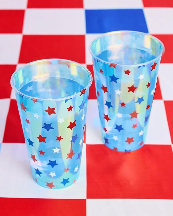 xo, Fetti Fourth of July Decorations Iridescent Plastic Cups - 16 Disposable 16 oz Cups | USA Party Favors, American Flag Party Supplies, 4th of July Decorations, Red White and Blue Decor