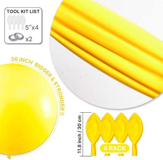 PartyWoo Yellow Balloons 4pcs 36 Inch Yellow Latex Helium Balloons for Birthday Baby Shower Graduation Sunflower Anniversary Engagement Bee Hawaiian Beach Lemon Theme Party Decorations Yellow-Y55
