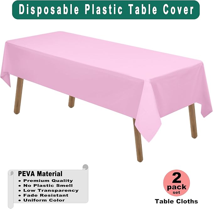 PARTY ULYJA Pink Plastic Tablecloths 2 Pack Disposable Table Covers 54 x 108 Inch PEVA Vinyl Bridal Shower BBQ Picnic Birthday Wedding Banquet Parties 8 ft Rectangle Use