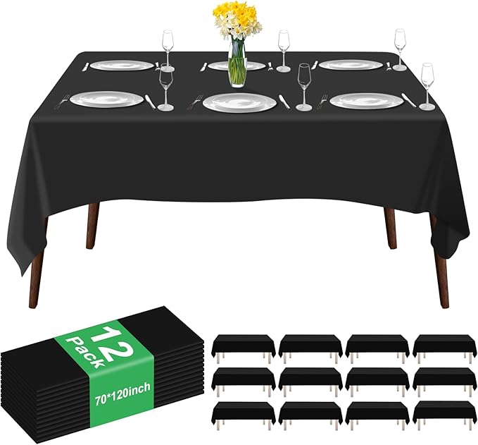 12 Pack Premium Black Plastic Table Cloth -70 X 120 Inch Rectangle Tablecloth, Disposable Tablecloth Plastic Table Cover for Parties (12, Black, 70" X 120" Rectangle)