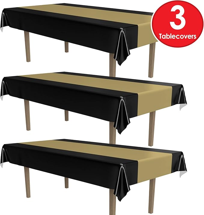 Beistle Black & Gold Striped Tablecovers, 54” x 108”, 3 Pieces – Plastic Table Cloth, Rectangular Tablecloth, Table Covers for Party, Graduation Tablecloth, Awards Night Decorations
