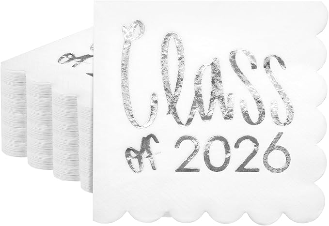 100 Pcs Class of 2026 Graduation Cocktail Napkins 5 x 5 Inch Congrats Grad Scalloped Paper Napkins for Dinner Beverage Graduate Decorations(Silver)