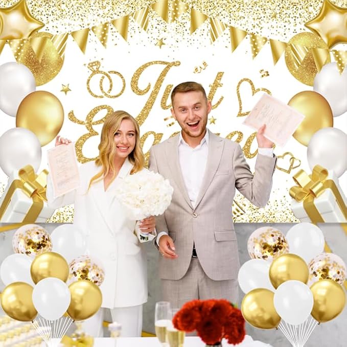 Engagement Party Decorations - Just Engaged Decorations Happy Engagement Banner Backdrop Balloons Hanging Swirls for Congratulations Wedding Bachelorette Party Decorations (White-Gold)