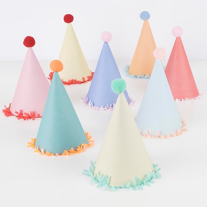 Meri Meri Birthday Party Hats, Pack of 8 Bright and Colorful Cone Birthday Hats for Kids & Adults, Cone Party Hats