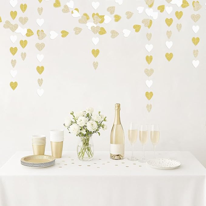 White Champagne-Gold Decorations for Party - 52Ft Heart Paper Garland Decoration Streamers Birthday Banner Bridal Baby Shower Wedding Bachelorette Engagement Graduation Hanging Decor Hongtongtong