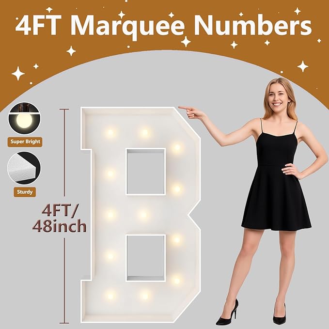 4FT Marquee Light Up Letters, Large Marquee Letters, Pre-cut Foam Board Letter B for Engagement Wedding Decorations Birthday Party Backdrop Decor, Balloon Arch Kit