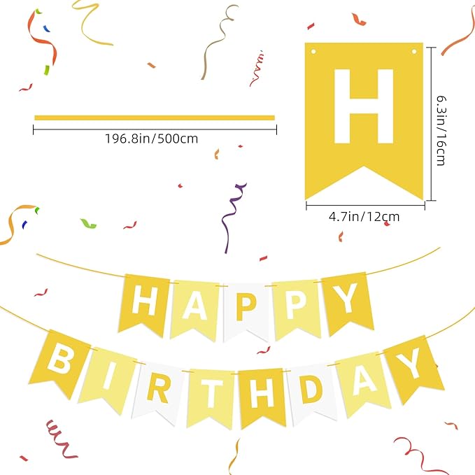 Hooqict Happy Birthday Banner Yellow Birthday Decorations for Kids Girls Women Birthday Tea Party Decorations Yellow Party Banner Garland Sign Bunting Flag Wall Porch Door Hanging Decor