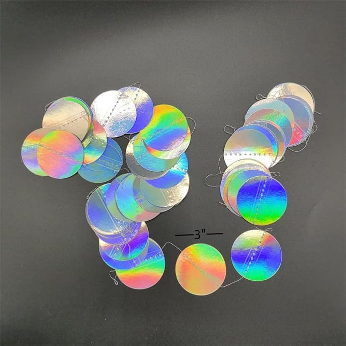 JEYE Iridescent Silver Glitter Circle Dots Paper Garland Polk Dot Streamer Party Decoration Banner Backdrop Hanging for Birthday Wedding Baby Shower Engagement Graduation Thanksgiving