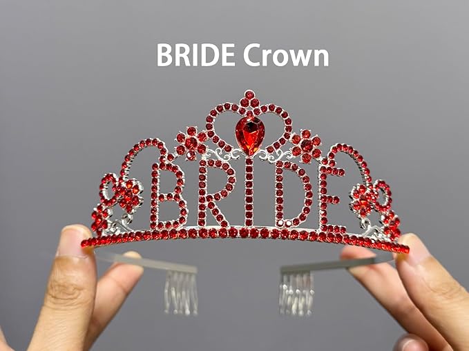 JETKONG 3 Pcs Bachelorette Party Decorations BRIDE Crown, Bride to Be Sash&Veil for Women Bachelorette Party Gifts, Bridal Shower Supplies, Gifts, Favors (Red)