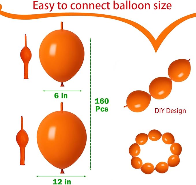 Link Balloons Orange 6 Inch 12 Inch Latex Quick Linkale Balloon 160 Pcs for Birthday, Halloween, Christmas, Party Festival Decorations