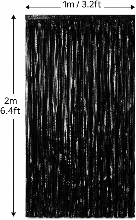 Black Foil Fringe Backdrop Curtain 2 Pack – 3.2 x 6.4 ft Metallic Tinsel Streamer Party Decoration for Photo Booth, Birthday Party, Graduation & Celebration Backdrop