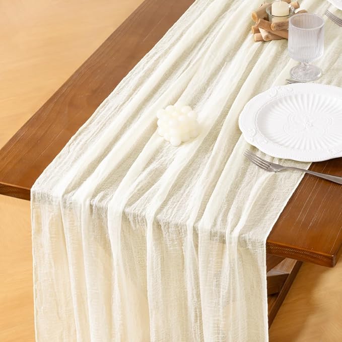 Socomi 6pcs Ivory White Cheesecloth Table Runner Valentine's Day Gauze 120 Inch Rustic Boho Cheese Cloth Runner for Wedding Party Baby Bridal Shower Centerpiece Decoration Holiday Home Decorations