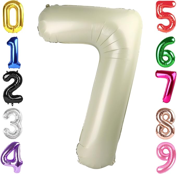 40 Inch Cream Number 7 Balloon, Giant 7 Number Balloons for 7th Birthday Decorations, Party Supplies for Baby Boy Girl, Cream Party Decor