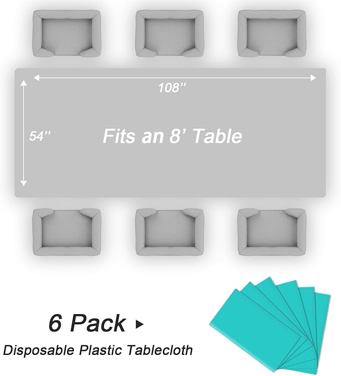 QIKSION Teal Plastic Table Cloth Disposable 6 Pack, 54 x 108 Inch Tablecloths for Easter Party, Summer, Turquoise Rectangle Table Cover