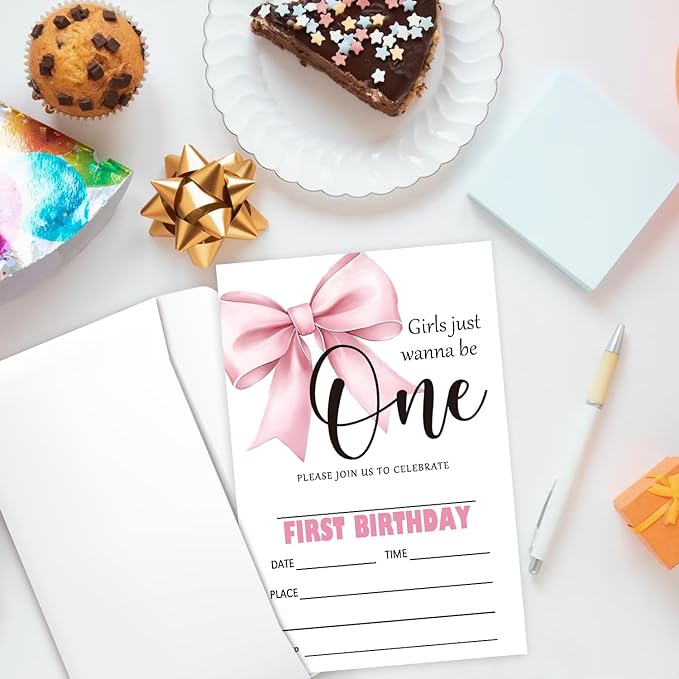 Pink Bow First Birthday Invites Cards Party Invitation Cards for Girls Kids Adults Party Invitations 4x6 Inch Invitations with Envelopes 20 Pcs Double Sided Invitation Card for Girls 1st Birthday YT82