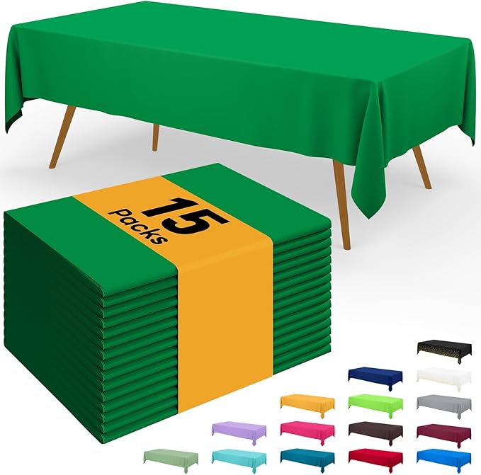 Smiry Disposable Table Cloth - 15 Pack, 54 x 108 Inch Waterproof Rectangle Tablecloths for Parties, Decorative Plastic Table Cover, Leakproof & Sturdy, Green