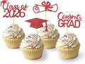 2026 Graduation Theme Cupcake Toppers Glitter Class of 2025 Graduation Cap Diploma Cupcake Picks - Set of 24 (Red2)