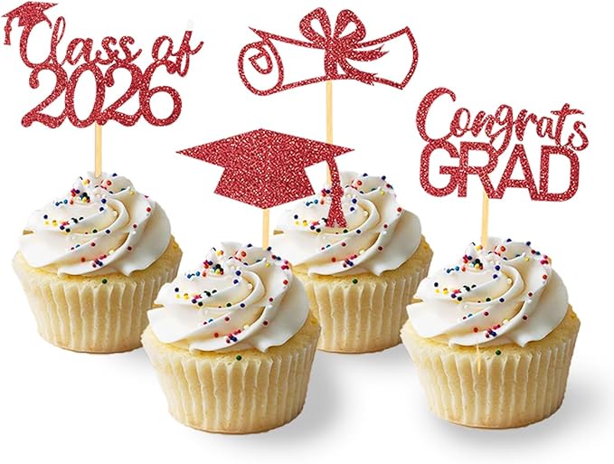 2026 Graduation Theme Cupcake Toppers Glitter Class of 2025 Graduation Cap Diploma Cupcake Picks - Set of 24 (Red2)