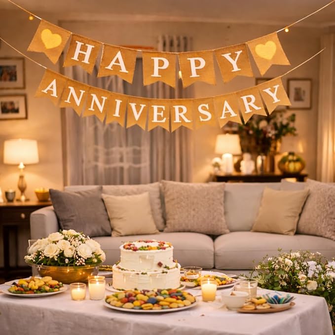 "Happy Anniversary" Burlap Banner – Rustic “Happy” and “Anniversary” across natural burlap flags (approx. 5" × 7") with Sparkly Gold Hearts Party Decor