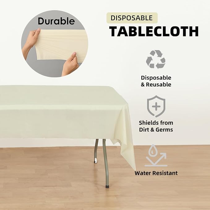 Craft And Party 12-Pack Ivory Plastic Tablecloths – 54 x 108 Inch Disposable Table Covers for Rectangle Tables, Heavy Duty & Waterproof for Parties, Events, Banquets, Ivory