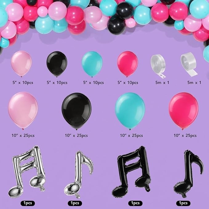 Sumind 144 Pieces Music Balloons Birthday Garland Kit Music Sign Foil 5 Inch 10 Inch Rose Red Black Blue Pink for Sock Hop Party, 1950s Party, K Pop Decorations, Birthday, Karaoke Supplies