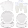 175 Pcs White Plates and Napkins Set, 25 Guest White Party Supplies Include Scalloped Plate Paper Napkin Cup Forks Knives Disposable Plastic Cutlery for Wedding Baby Shower Birthday Party