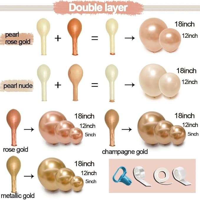 Rose Gold Balloon Garland 112pcs Double Stuffed Pearl Pink Balloons Different Sizes of 18 12 5 Inch Metallic Gold Champagne Balloon Arch Kit for Birthday Baby Shower Bridal Wedding Party Decor