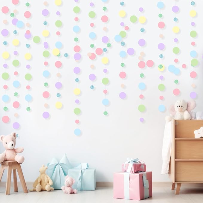 Outus 5 Pieces Colorful Dots Paper Garland Easter Decor Round Glitter Hanging Confetti Streamers Backdrop for Spring Birthday Classroom Halloween Trunk or Treat Car Decoration (Pastel)