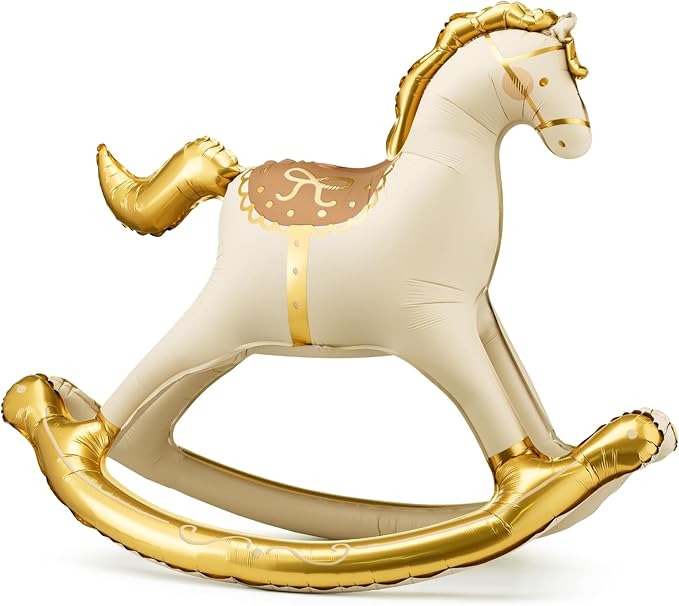 Inflatable Standing Rocking Horse Balloon PartyDeco 41.5x34 Inch, Large Horse-Shaped Air Balloons, Gold and White Foil Baby Shower Cowboy Decoration Gender Neutral Nursery or Party Decor