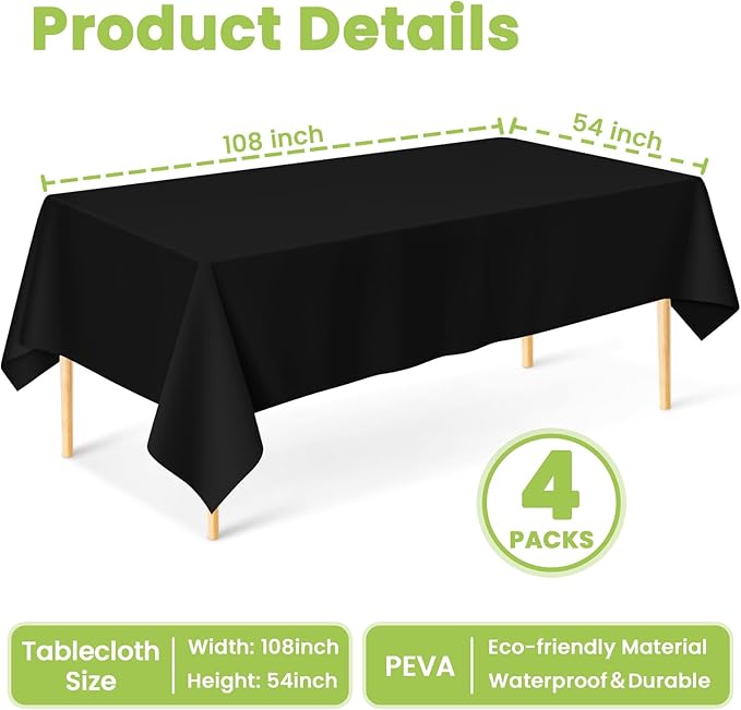 Mulbozy Black Plastic Table Cloth Disposable 4 Pack, 54 × 108 Inch Tablecloths Rectangle, Black Plastic Table Cover for Party Decor